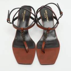Pre Owned Saint Laurent Cassandra Size 38.5 Brown Leather Ankle Strap Sandals