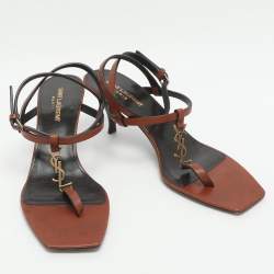 Pre Owned Saint Laurent Cassandra Size 38.5 Brown Leather Ankle Strap Sandals