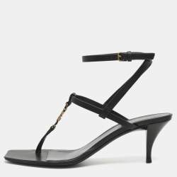 Pre Owned Saint Laurent Paris Vitti Monogram Size 38.5 Black Leather Ankle Strap Sandals