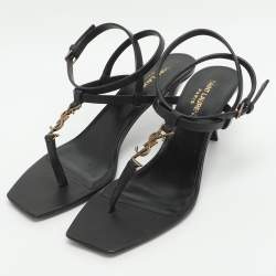 Pre Owned Saint Laurent Paris Vitti Monogram Size 38.5 Black Leather Ankle Strap Sandals