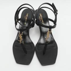 Pre Owned Saint Laurent Paris Vitti Monogram Size 38.5 Black Leather Ankle Strap Sandals