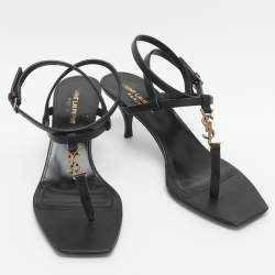 Pre Owned Saint Laurent Paris Vitti Monogram Size 38.5 Black Leather Ankle Strap Sandals