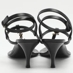 Pre Owned Saint Laurent Paris Vitti Monogram Size 38.5 Black Leather Ankle Strap Sandals