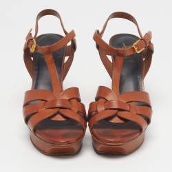 Pre Owned Saint Laurent Tribute Size 39.5 Brown Leather Ankle Strap Sandals