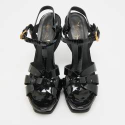 Pre Owned صندل سان لوران باريس "تريبوت" منصة جلد لامع أسود مقاس 38.5