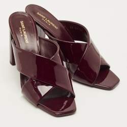 Pre Owned حذاء سلايد سان لوران باريس لو لو جلد عنابي لامع بسيور متعاكسة مقاس 36.5