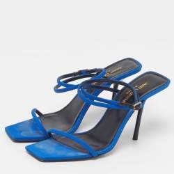 Pre Owned Saint Laurent Picasso Size 37.5 Blue Suede Ankle Strap Sandals