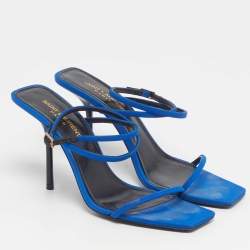 Pre Owned Saint Laurent Picasso Size 37.5 Blue Suede Ankle Strap Sandals