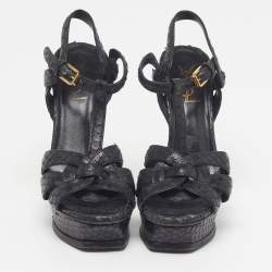 مملوكة مسبقًا Saint Laurent Tribute Size 36.5 Black Python Embossed Leather Platform Sandals