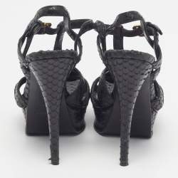 مملوكة مسبقًا Saint Laurent Tribute Size 36.5 Black Python Embossed Leather Platform Sandals