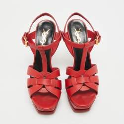 Pre Owned Saint Laurent Tribute Size 38.5 Red Leather Platform Sandals