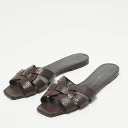 Pre Owned صندل سان لوران تريبيوت جلد برغندي لامع مسطح مقاس 41