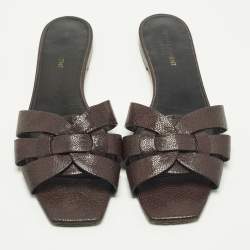 Pre Owned صندل سان لوران تريبيوت جلد برغندي لامع مسطح مقاس 41