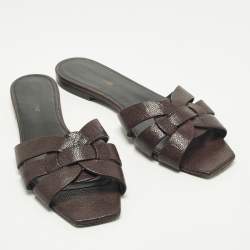 Pre Owned صندل سان لوران تريبيوت جلد برغندي لامع مسطح مقاس 41