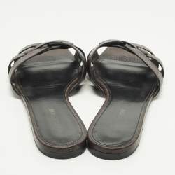 Pre Owned صندل سان لوران تريبيوت جلد برغندي لامع مسطح مقاس 41