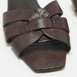 Pre Owned صندل سان لوران تريبيوت جلد برغندي لامع مسطح مقاس 41