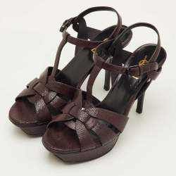Pre Owned Saint Laurent Tribute Size 40 Burgundy Embossed Leather Platform Sandals