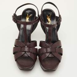 Pre Owned Saint Laurent Tribute Size 40 Burgundy Embossed Leather Platform Sandals