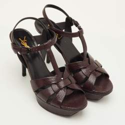 Pre Owned Saint Laurent Tribute Size 40 Burgundy Embossed Leather Platform Sandals
