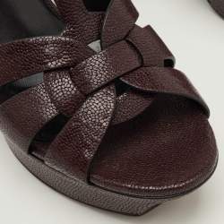 Pre Owned Saint Laurent Tribute Size 40 Burgundy Embossed Leather Platform Sandals