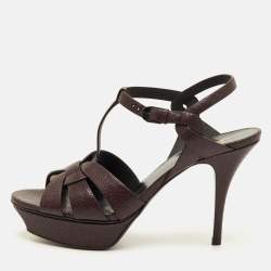 Pre Owned Saint Laurent Tribute Size 40 Burgundy Embossed Leather Platform Sandals