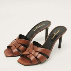 Pre Owned Saint Laurent Tribute Size 38 Brown Leather Slide Sandals