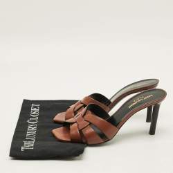 Pre Owned Saint Laurent Tribute Size 38 Brown Leather Slide Sandals