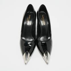 مملوكة مسبقًا حذاء كعب عالي سان لوران جانيس مقدمة مدببة جلد أسود / أحمر مقاس 35.5 مزين بمعدن