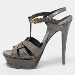 Pre Owned Saint Laurent Tribute Size 39 Grey Lizard Embossed Leather Platform Sandals