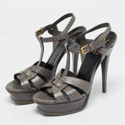Pre Owned Saint Laurent Tribute Size 39 Grey Lizard Embossed Leather Platform Sandals