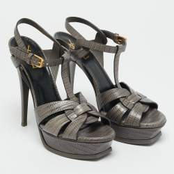 Pre Owned Saint Laurent Tribute Size 39 Grey Lizard Embossed Leather Platform Sandals
