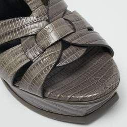 Pre Owned Saint Laurent Tribute Size 39 Grey Lizard Embossed Leather Platform Sandals