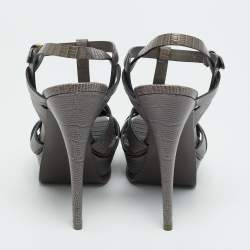 Pre Owned Saint Laurent Tribute Size 39 Grey Lizard Embossed Leather Platform Sandals