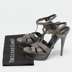 Pre Owned Saint Laurent Tribute Size 39 Grey Lizard Embossed Leather Platform Sandals