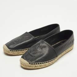 Pre Owned حذاء إسبادريل فلات جلد أسود سان لوران لوجو مقاس 37