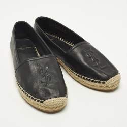 Pre Owned حذاء إسبادريل فلات جلد أسود سان لوران لوجو مقاس 37