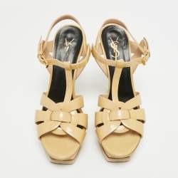 Pre Owned Saint Laurent Tribute Size 39 Beige Patent Leather Platform Sandals