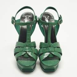 مملوكة مسبقًا Saint Laurent Tribute Size 39 Green Croc Embossed Leather Ankle Strap Sandals