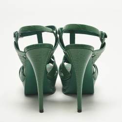 مملوكة مسبقًا Saint Laurent Tribute Size 39 Green Croc Embossed Leather Ankle Strap Sandals
