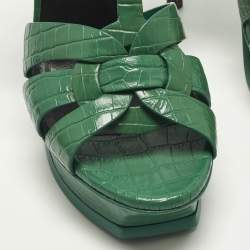مملوكة مسبقًا Saint Laurent Tribute Size 39 Green Croc Embossed Leather Ankle Strap Sandals
