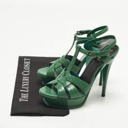 مملوكة مسبقًا Saint Laurent Tribute Size 39 Green Croc Embossed Leather Ankle Strap Sandals