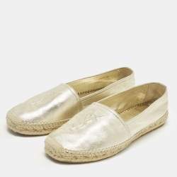Pre Owned Saint Laurent Cassandre Size 38 Gold Leather Espadrille Flats