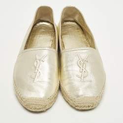 Pre Owned Saint Laurent Cassandre Size 38 Gold Leather Espadrille Flats