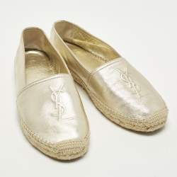 Pre Owned Saint Laurent Cassandre Size 38 Gold Leather Espadrille Flats