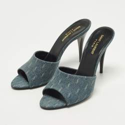 Pre Owned Saint Laurent LA 16 Size 39 Blue Monogram Denim Slide Sandals