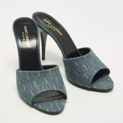 Pre Owned Saint Laurent LA 16 Size 39 Blue Monogram Denim Slide Sandals