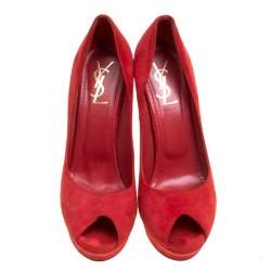 Saint Laurent Red Suede Palais Platform Peep Toe Pumps Size 40