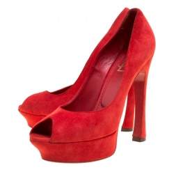 Saint Laurent Red Suede Palais Platform Peep Toe Pumps Size 40