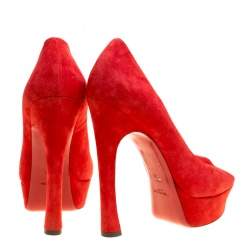 Saint Laurent Red Suede Palais Platform Peep Toe Pumps Size 40
