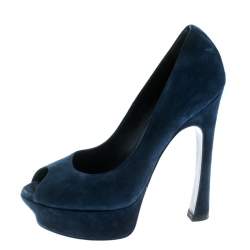 Saint Laurent Blue Suede Palais Platform Peep Toe Pumps Size 36